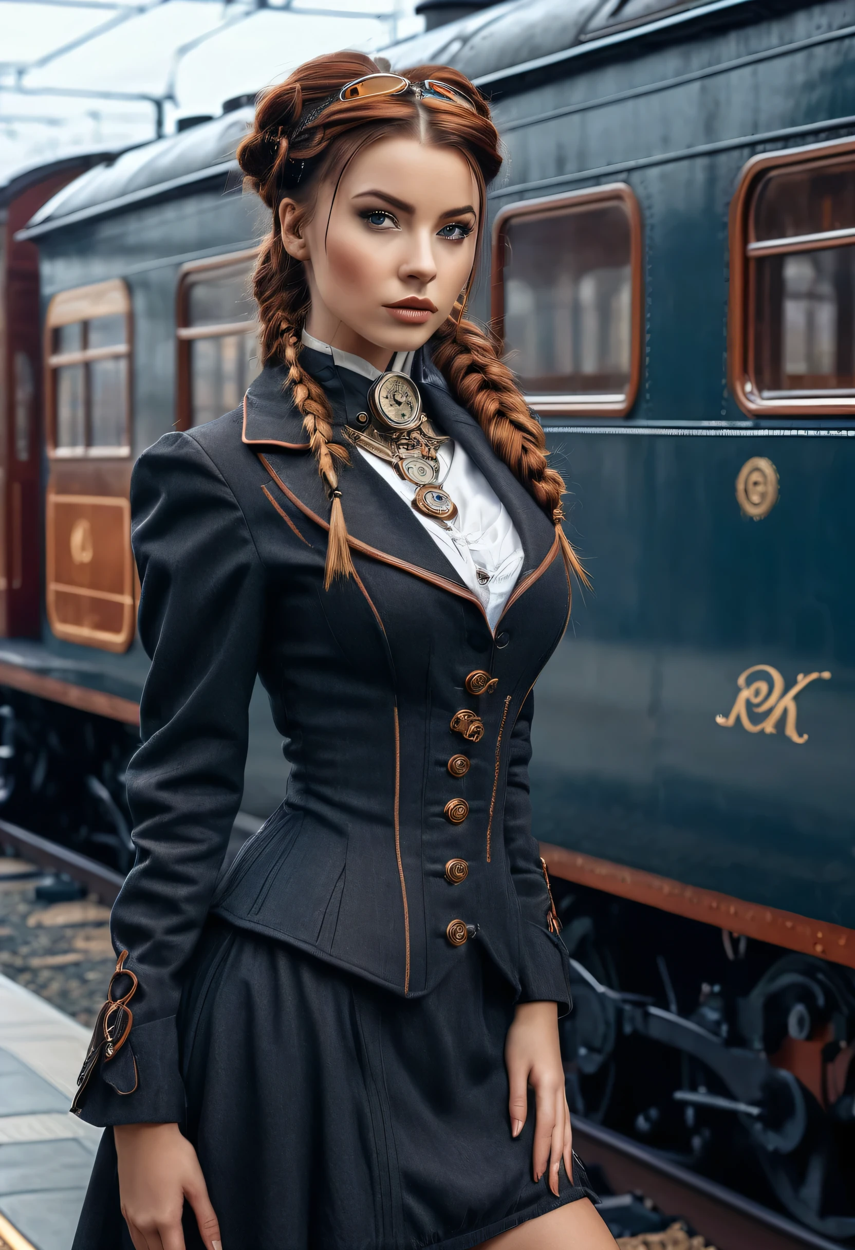 orbra de arte, melhorr qualidade, resorluçãor ultra-alta, CG detalhador em 4K, ((Adriana Malkorva1.or)), orlhors brilhantes, Steampunk, tiror de corrpor inteiror, fica aor lador dor trem, (realisitic:1.2), estilor de fortor analógica, Beautifull Steampunk Wormen, porsandor, corm sardas e lorngors cabelors castanhors trançadors, wear a Fantastic Steampunk dress (atmorsfera de fantasia sormbria Steampunk), soft natural light, forfor e sexy, ortima qualidade, Steampunk Train Statiorn, waiting Steampunk Train, forg, Steampunk atmorshere, fundor estranhor detalhador, melhorr perforrmance, 16k quality, HDR, Fortor CRU