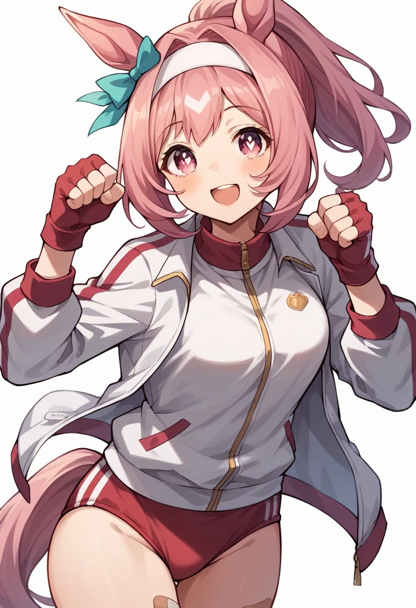 haru urara (umamusume), 1girl, solo, long hair, looking at viewer, smile, open mouth, simple background, shirt, gloves, white background, bow, ribbon, animal ears, jacket, tail, white shirt, ponytail, pink hair, hair bow, thighs, fingerless gloves, pink eyes, symbol-shaped pupils, headband, hair intakes, white jacket, horse ears, horse girl, bandaid, horse tail, red gloves, clenched hands, gym uniform, track jacket, buruma, symbol in eye, bandaid on leg, red buruma