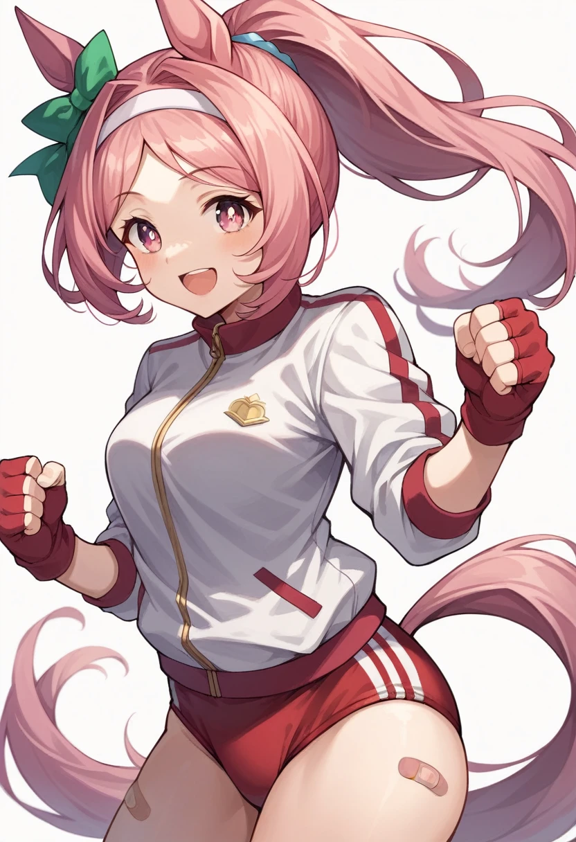 haru urara (umamusume), 1girl, solo, long hair, looking at viewer, smile, open mouth, simple background, shirt, gloves, white background, bow, ribbon, animal ears, jacket, tail, white shirt, ponytail, pink hair, hair bow, thighs, fingerless gloves, pink eyes, symbol-shaped pupils, headband, hair intakes, white jacket, horse ears, horse girl, bandaid, horse tail, red gloves, clenched hands, gym uniform, track jacket, buruma, symbol in eye, bandaid on leg, red buruma