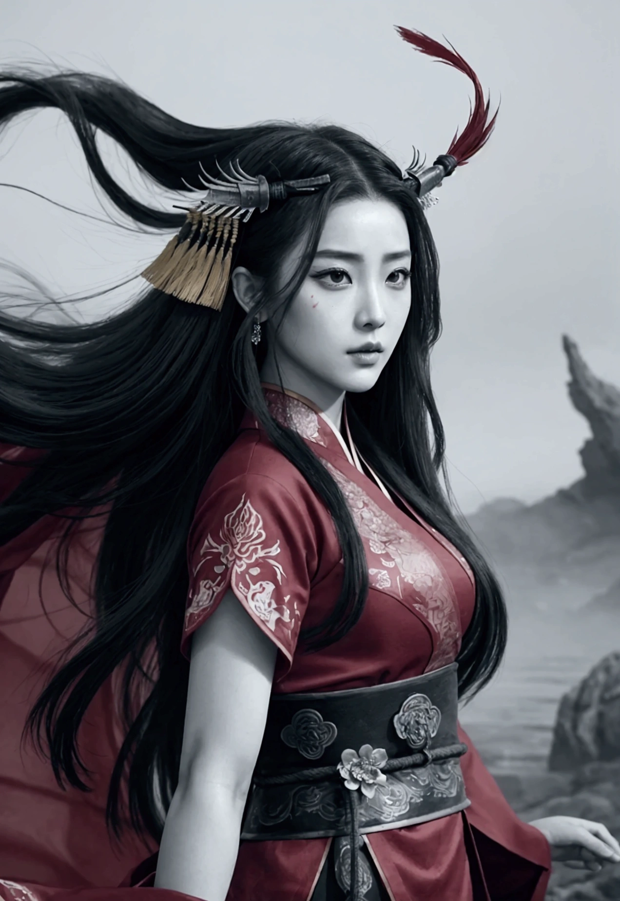 {A semi-realistic Chinese ink painting of a fierce and elegant female warrior with the face of Fan Bingbing. She has extremely long hair flowing in the wind and is dressed in a flowing, long red warrior attire that extends to the edge of the world. She holds a beautifully crafted sword. The background features a dramatic and mystical landscape with red and gold tones, created with traditional ink wash techniques. Her expression is intense and determined, capturing the spirit of a skilled warrior. The wide-angle composition showcases the vast, flowing expanse of her dress and hair, emphasizing the elegance and strength of the female warrior. --ar 16:9 --stylize 750 --v 6}
