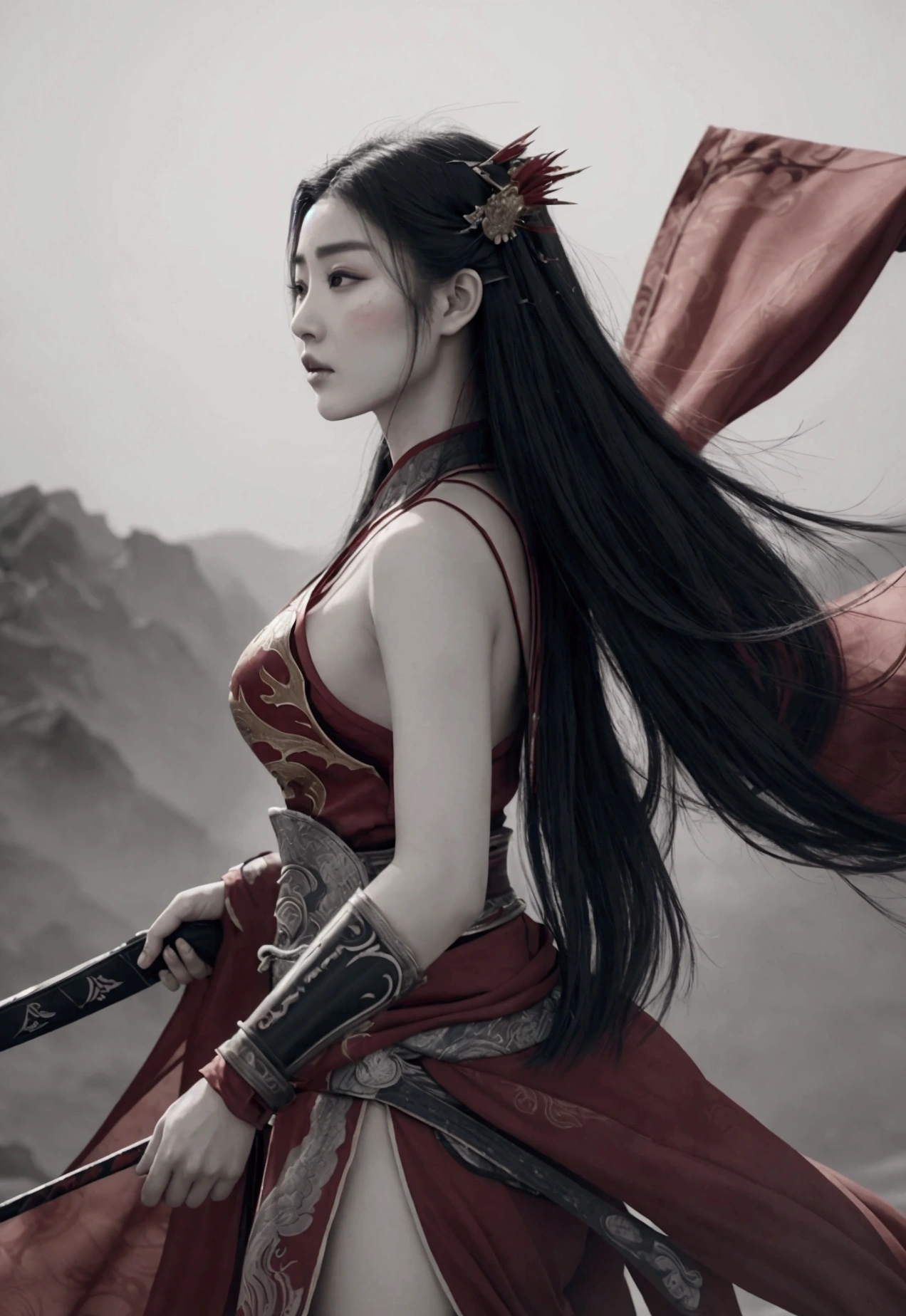 {A semi-realistic Chinese ink painting of a fierce and elegant female warrior with the face of Fan Bingbing. She has extremely long hair flowing in the wind and is dressed in a flowing, long red warrior attire that extends to the edge of the world. She holds a beautifully crafted sword. The background features a dramatic and mystical landscape with red and gold tones, created with traditional ink wash techniques. Her expression is intense and determined, capturing the spirit of a skilled warrior. The wide-angle composition showcases the vast, flowing expanse of her dress and hair, emphasizing the elegance and strength of the female warrior. --ar 16:9 --stylize 750 --v 6}
