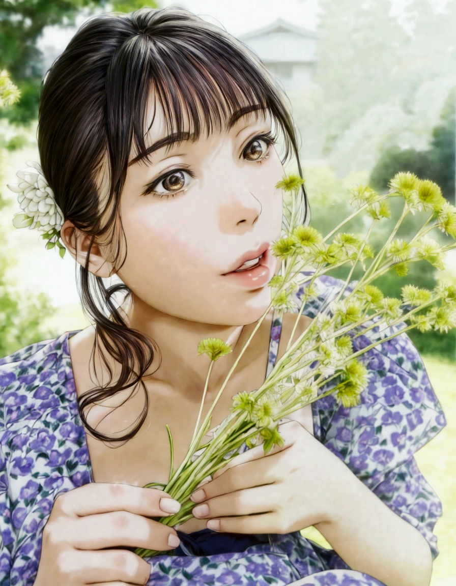 manga style, a close up of a woman holding a bunch of flowers, kimi takemura, Chiho, shiori teshirogi, kotegawa yui, Chiho ashima, Yoshitomo Nara, shikamimi, aoi ogata, Yasumoto Oka, narumi kakinouchi, ayaka