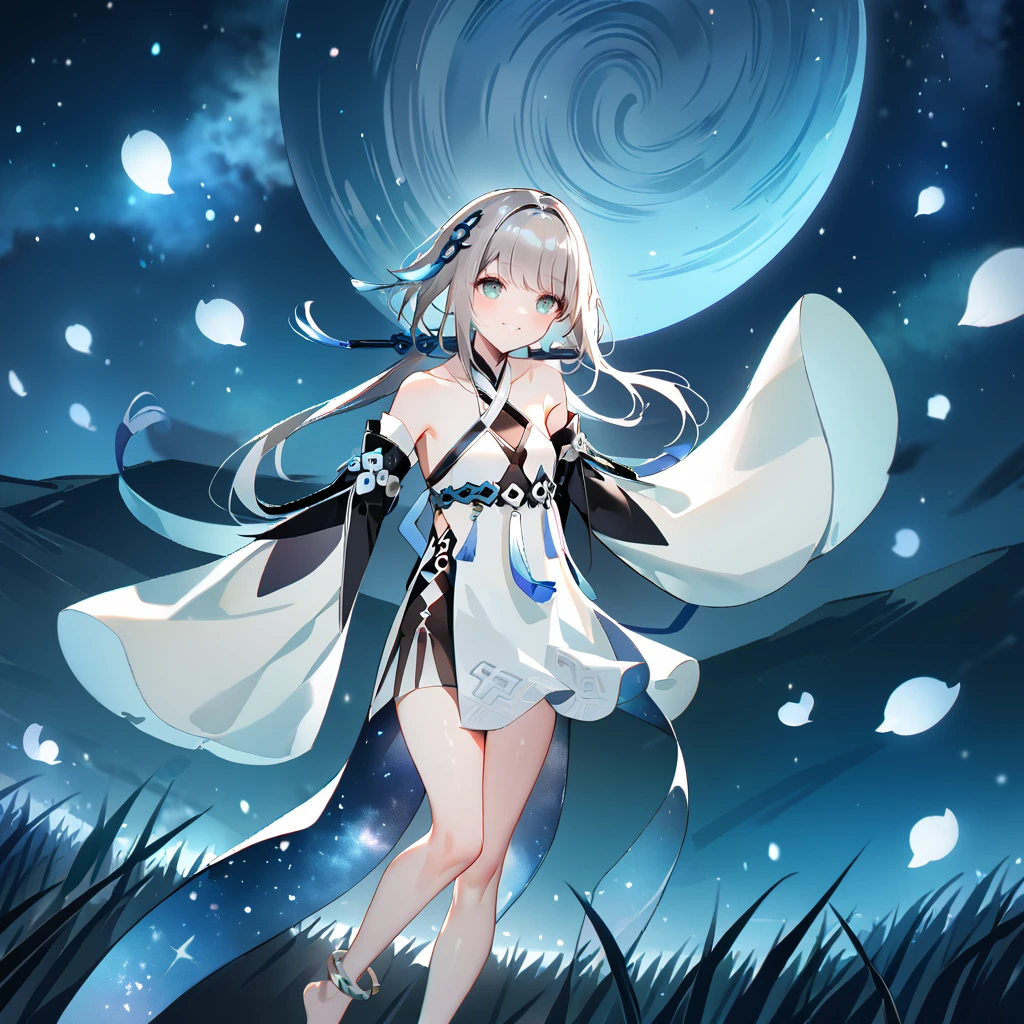 score_9, score_8_up, score_7_up, score_6_up,1girl, guizhong_\(genshin_impact\),(grey hair),short_hair_with_long_locks in front and low ponytail in back,gradient_hair,(pale grey eyes with seafoam gradient),starry_sky_print,detached_sleeves white outside blue starry inside, hands completely hidden by long sleeves,stunning field of softly glowing cerulean and white glaze lilies,night scene,gentle smile,face focus, eye focus,ladyshadow,moonlight,glossy lips,vivid anime coloring,cel shading,smooth, soft dreamy focus,anklet,halter_top,white clothes,highly detailed,digital painting,bare_shoulders,barefoot,cool night tones, magical night scene,bokeh, professional,anemo colored fireflies,nebula of stardust and silvery vapor,harmonious blend of nature and art,transcendent beauty,awe-inspiring artwork,(best quality,4k,8k,highres,masterpiece:1.2),yunamaro,carnelian,dsmile,cosmic stardust,guizhong, guizhong's def clothes, 1girl, long hair, blue eyes, barefoot, guizhong's dress, hair ornament, chinese clothes, sleeves past fingers,