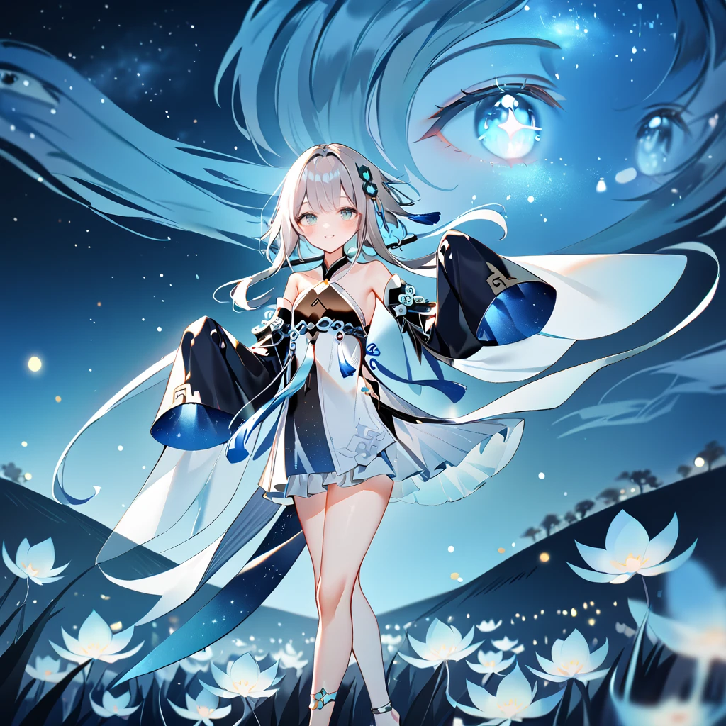score_9, score_8_up, score_7_up, score_6_up,1girl, guizhong_\(genshin_impact\),(grey hair),short_hair_with_long_locks in front and low ponytail in back,gradient_hair,(pale grey eyes with seafoam gradient),starry_sky_print,detached_sleeves white outside blue starry inside, hands completely hidden by long sleeves,stunning field of softly glowing cerulean and white glaze lilies,night scene,gentle smile,face focus, eye focus,ladyshadow,moonlight,glossy lips,vivid anime coloring,cel shading,smooth, soft dreamy focus,anklet,halter_top,white clothes,highly detailed,digital painting,bare_shoulders,barefoot,cool night tones, magical night scene,bokeh, professional,anemo colored fireflies,nebula of stardust and silvery vapor,harmonious blend of nature and art,transcendent beauty,awe-inspiring artwork,(best quality,4k,8k,highres,masterpiece:1.2),yunamaro,carnelian,dsmile,cosmic stardust,guizhong, guizhong's def clothes, 1girl, long hair, blue eyes, barefoot, guizhong's dress, hair ornament, chinese clothes, sleeves past fingers,