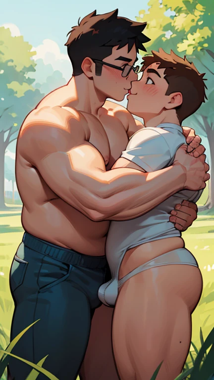 (Highest quality)), ((masterpiece)), (detailed), 、muscle、Thick、Chubby body type、Are fat、Fair skin、Naked gay couple、hugging each other intensely、Grass in the park、Actively touching the body、Glasses、Thick thighs、muscle質なお尻、Licking nipples、Touching her butt