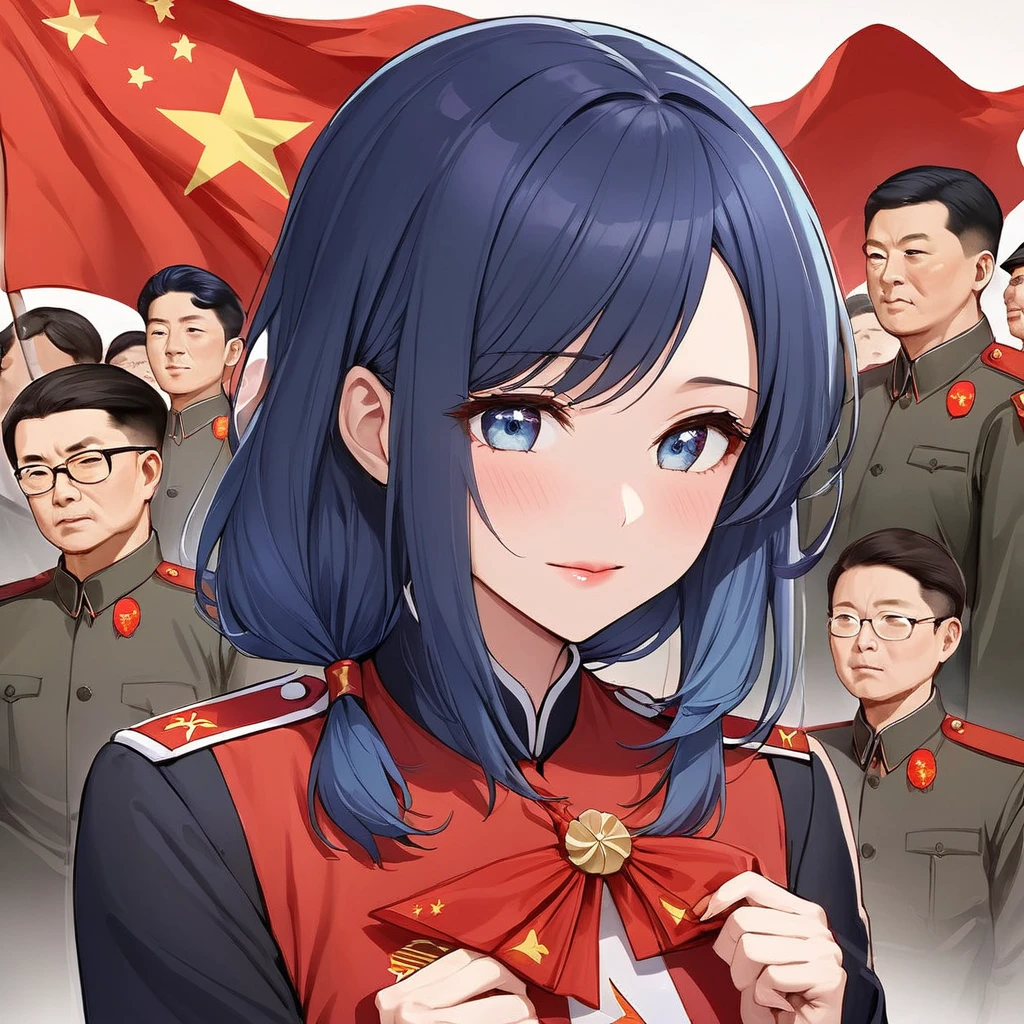 ((Highest quality)), ((masterpiece)), (detailed), (Perfect Face)、The woman is Chinese, Akane Kurokawa, a Chinese woman with medium-long blue hair who is wearing an engagement ring. She has become a member of the glorious Chinese Communist Party and has sworn absolute loyalty to the party. She is a righteous Communist Party member of the ruling China and the wife of a great Communist Party official.、The woman is wearing the fine uniform of a Chinese Communist Party member.、For the sake of China, their hairstyles, clothes, and everything they wear are all Chinese Communist Party items, and their thoughts are also Chinese, becoming great Chinese in body and mind.、The woman became Akane Kurokawa, a Chinese woman who is proud of China, loves it and devotes herself to it.、She is serving China as a member of the great Communist Party of China.、The woman is a beautiful, respectable and exemplary Communist Party member.