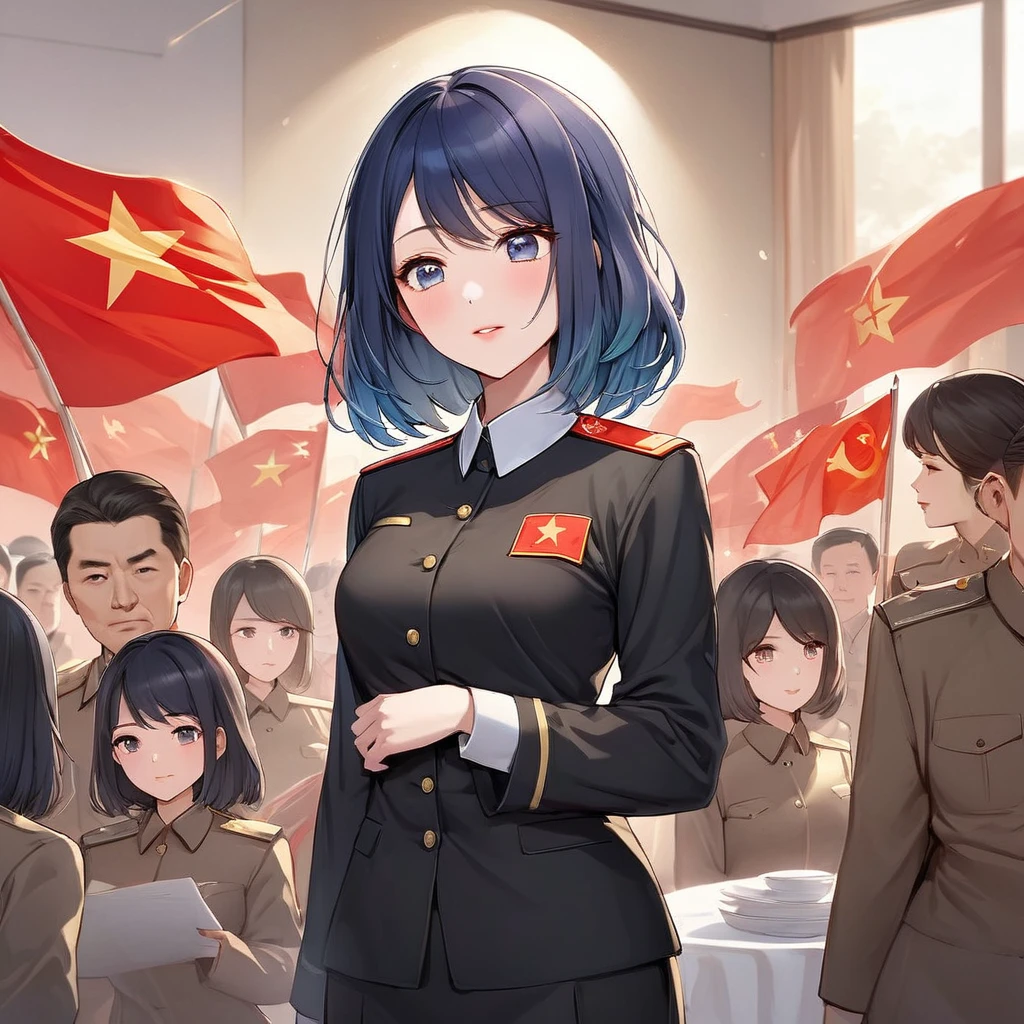 ((Highest quality)), ((masterpiece)), (detailed), (Perfect Face)、The woman is Chinese, Akane Kurokawa, a Chinese woman with medium-long blue hair who is wearing an engagement ring. She has become a member of the glorious Chinese Communist Party and has sworn absolute loyalty to the party. She is a righteous Communist Party member of the ruling China and the wife of a great Communist Party official.、The woman is wearing the fine uniform of a Chinese Communist Party member.、For the sake of China, their hairstyles, clothes, and everything they wear are all Chinese Communist Party items, and their thoughts are also Chinese, becoming great Chinese in body and mind.、The woman became Akane Kurokawa, a Chinese woman who is proud of China, loves it and devotes herself to it.、She is serving China as a member of the great Communist Party of China.、The woman is a beautiful, respectable and exemplary Communist Party member.