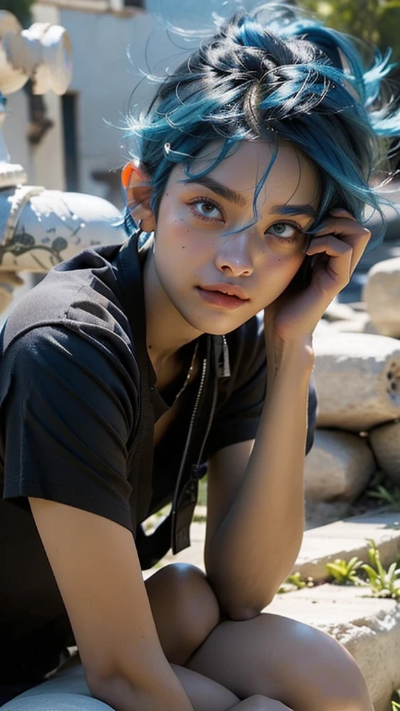 Blue-haired man,Leaning on the ruins and looking towards the camera,Upper Body,Close-up of face