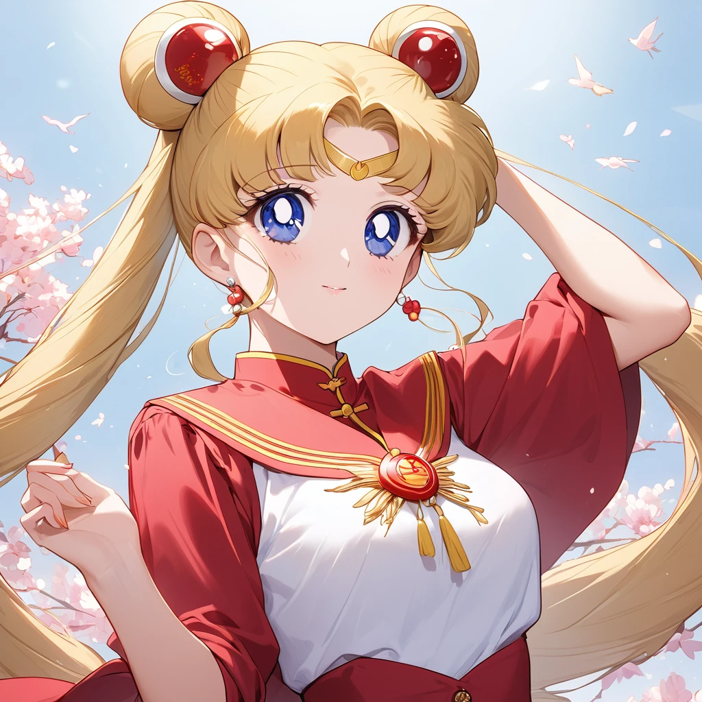 ((Highest quality)), ((masterpiece)), (detailed), （Perfect Face）、The woman is Chinese Tsukino Usagi, a blue-eyed, blonde, long-haired woman with a twin-tailed bun who is wearing an engagement ring. She has become a member of the glorious Chinese Communist Party and has sworn absolute loyalty to it. She is a righteous Communist Party member of the ruling China and the wife of a great Communist Party official.、The woman is wearing the fine uniform of a Chinese Communist Party member.、For the sake of China, their hairstyles, clothes, and everything they wear are all Chinese Communist Party items, and their thoughts are also Chinese, becoming great Chinese in body and mind.、The woman became the Chinese Tsukino Usagi, who was proud of China, loved it and devoted herself to it.、She is serving China as a member of the great Communist Party of China.、The woman is a beautiful, respectable and exemplary Communist Party member.