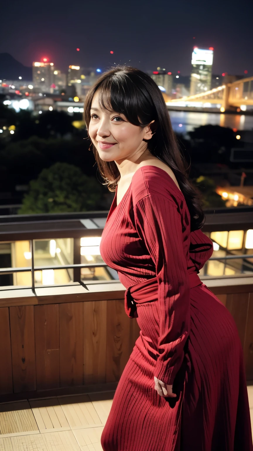 Masterpiece, 1 beautiful girl, fine eyes, puffy eyes, top quality, super high resolution, (realistic: 1.4), cinematic lighting, Japanese, Asian beauty, super beautiful, beautiful skin, slender, body facing forward, (super realistic), (high resolution), (8k), (high resolution), (beautiful fine eyes), (super detailed ), (Wallpaper), Detailed Face, Bright Lighting, Professional Lighting, View Art, Front View, (Costume: Red Knit Dress), Long Hair, Hair in disarray, Asymmetrical Bangs, Night View, Dark Hair, Japan is Idol, Gravure Idol Pose, 36 Years Old, Tall, Smiling, Night View from Observation Deck, (Facing Camera Posture),