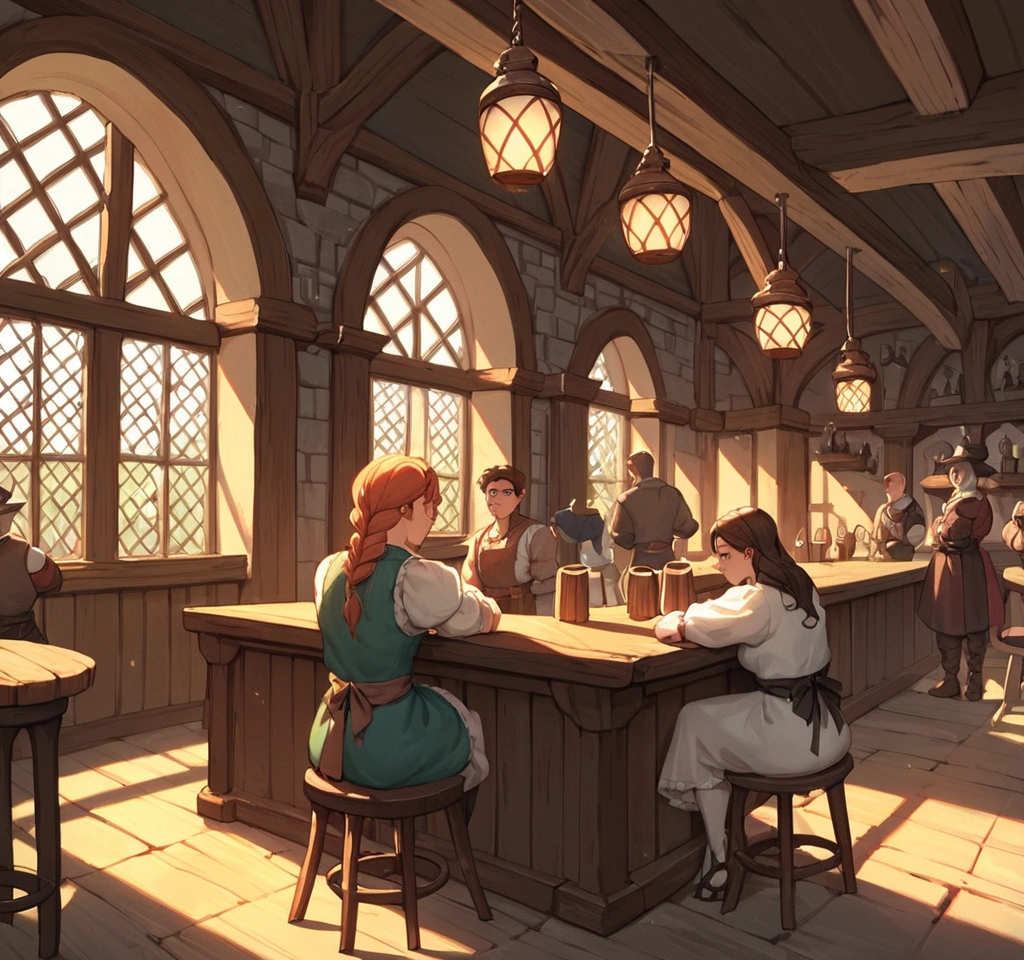 score_9,score_8_up,score_7_up, score_6_up, score_5_up,source_anime, scenery, a bar, medieval tavern, it’s busy, full of people, in a medieval tavern bar, indoors, 