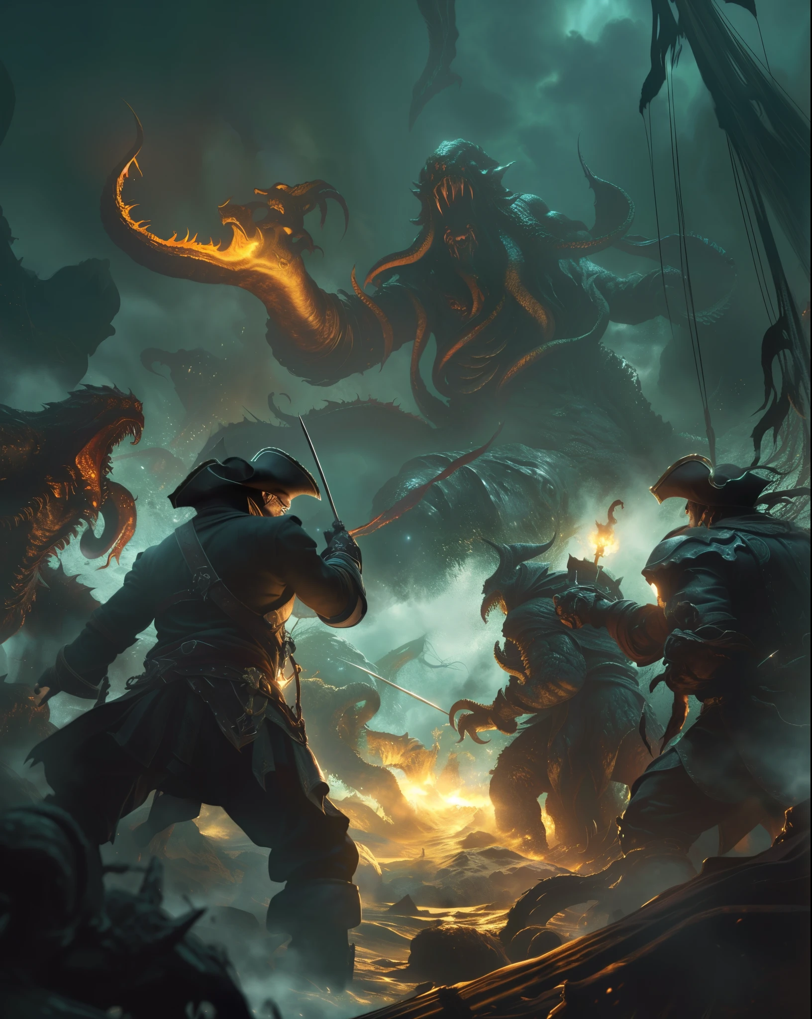 A captivating and dynamic poster featuring a dramatic seascape with two grand pirate ships locked in fierce combat. The ships wave their vibrant and distinctive flags, fluttering in the gusty wind. In the distance, cannonballs erupt, causing massive waves and hurling debris through the air. Agile pirates can be seen swinging across ropes, some brandishing sabers and others firing muskets at their adversaries. The sky looms ominous with dark clouds, threatening rain and chaos on the tempestuous high seas., poster