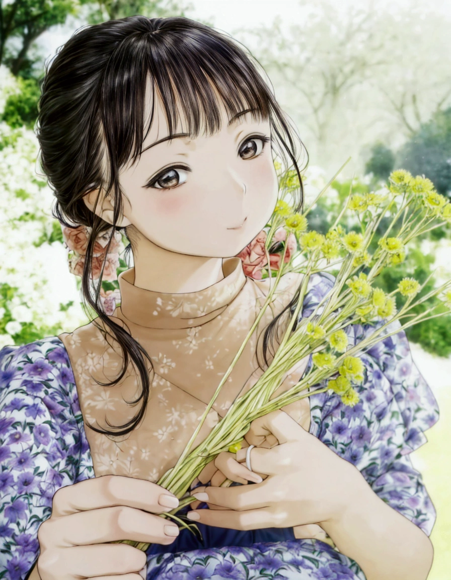 manga style, a close up of a woman holding a bunch of flowers, kimi takemura, Chiho, shiori teshirogi, kotegawa yui, Chiho ashima, Yoshitomo Nara, shikamimi, aoi ogata, Yasumoto Oka, narumi kakinouchi, ayaka, minami hamabe