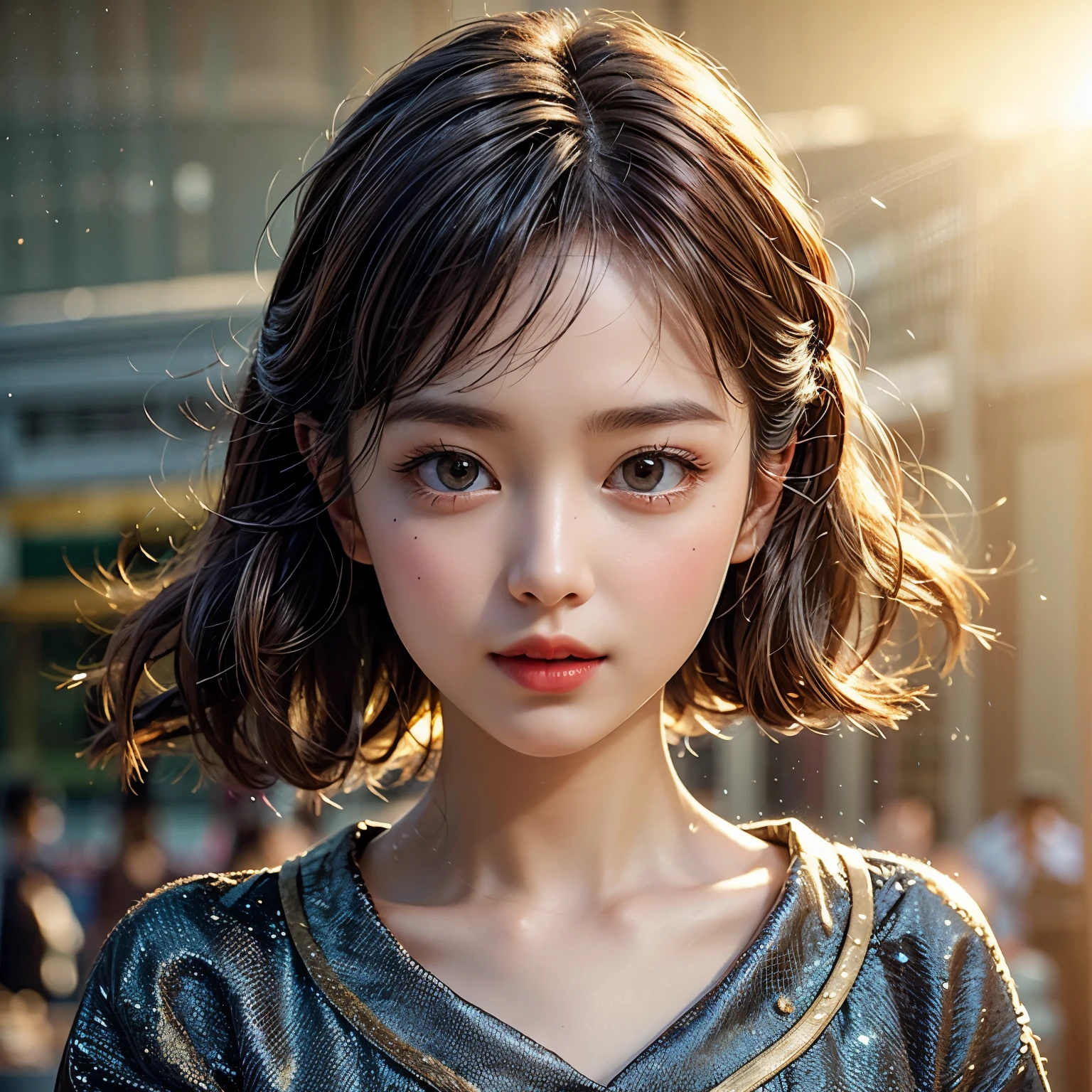 VolumetricLighting (Acutance:0.85), (Masterpiece of 8K UltraDetailed(ProfessionalPhoto:1.37)), Tiny KAWAII Girl Stroll the Sea wearing tube-top dress EveningBeach colorful sky (Golden rays illuminating face, close-up:1.4) (Kissing to Camera), Gust of wind . (((Extremely detailed NOGIZAKA face))), perfect anatomy, Childish, captivating gaze, Reflective Eyes with (sparkling highlights:1.28), long eyelashes、Glossy RED Lips with beautiful details, KissableTongue, RosyCheeks, ((Radiant FineSkin) with clear transparency) . { (Dynamic joyful expressions) | (:d) }, (Light Particle;1.25, God Rays), (no Large eyes).