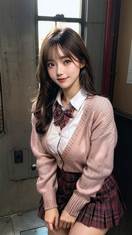 (masterpiece:1.2, top-quality), (realistic, photorealistic:1.4), beautiful illustration, (natural side lighting, movie lighting), depth of fields, nsfw,
beautiful detailed hair, beautiful detailed face, beautiful detailed eyes, beautiful clavicle, beautiful body, beautiful chest, beautiful thigh, beautiful legs,
looking at viewer, 1 girl, , (perfect anatomy, anatomically correct, super detailed skin), cute and symmetrical face, perfect face, perfect eyes,
(middle hair, straight hair, curvy hair, ash blonde hair), blunt bangs, break gold eyes, big eyes, long eye lasher, (medium breasts, seductive thighs), perfect body, shiny skin, pink skin,
(detailed cloth texture, break white collared shirt, break (long sleeve pink knit cardigan), break dark brown pleated skirt, break dark red plaid bow tie), break
(beautiful scenery), (school crassroom:1.2), standing, (peace sign), (lovely smile, parted lips),
