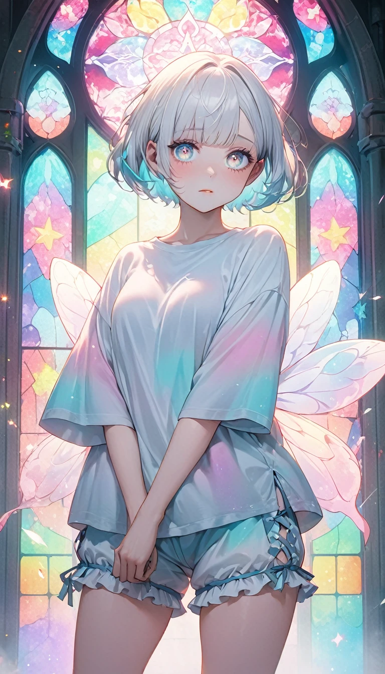 beautiful woman, white pixie cut, (big round eyes, star-shaped pupils), amorous and lewd face, cool and sadistic, looking down with a cold gaze, makeup, great proportion, wearing cute baggy loose shirt, frilly shorts, heavy engineer boots, standing with her legs together in an embarrassing pose, background pastel color palette, large pastel stained glass, shading effects, gradation magic effects, foggy filter effects, glitter effects, cute effects, lovely effects, (ultra detailed, absolutely resolution, best quality:1.3), 2.5D, delicate and dynamic, cartoon-style
