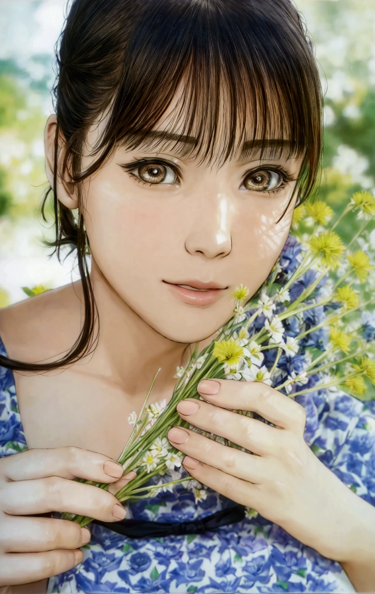 manga style, a close up of a woman holding a bunch of flowers, kimi takemura, Yoshitomo Nara, sakimichan, Chiho, close up iwakura lain, by Tadashi Nakayama, shiori teshirogi, Yasumoto Oka, Chiho ashima, deayami kojima, minami hamabe