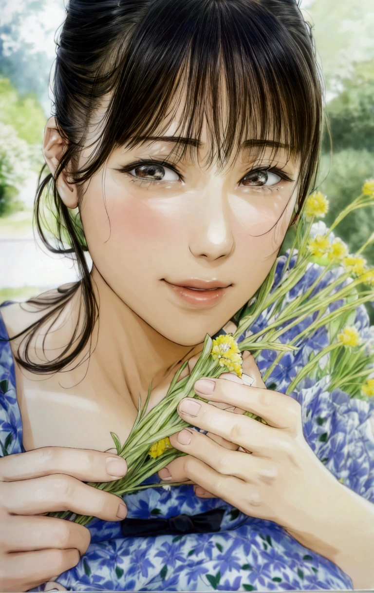 manga style, a close up of a woman holding a bunch of flowers, kimi takemura, Yoshitomo Nara, sakimichan, Chiho, close up iwakura lain, by Tadashi Nakayama, shiori teshirogi, Yasumoto Oka, Chiho ashima, deayami kojima, minami hamabe