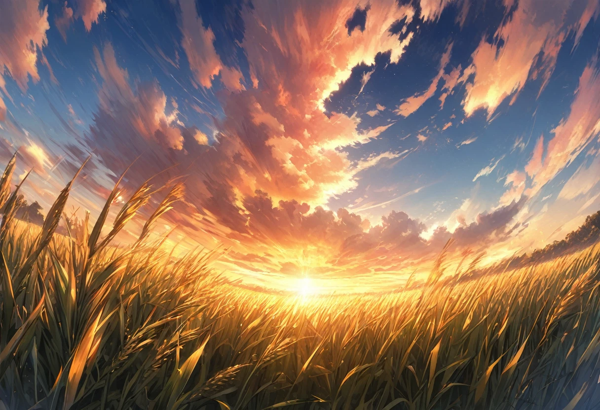 Breathtaking panoramic view of a golden sunset over a vast cornfield. warm, The bright sun casts its last rays in the sky, Paint the clouds in bright orange, pink, Purple and. Corn stalk, Swaying in the evening breeze, Creates fascinating patterns against the sky, The sun converges towards the horizon where it touches the earth. Ultra-wide angle view、Capturing the endless cornfields, The long shadows add depth and contrast to the serene scene.。. This scene, Frozen in time, Awe-inspiring, Tranquility, And the height of natural beauty.