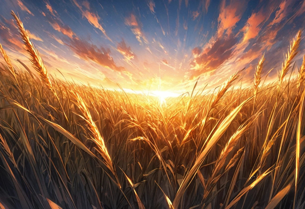 Breathtaking panoramic view of a golden sunset over a vast cornfield. warm, The bright sun casts its last rays in the sky, Paint the clouds in bright orange, pink, Purple and. Corn stalk, Swaying in the evening breeze, Creates fascinating patterns against the sky, The sun converges towards the horizon where it touches the earth. Ultra-wide angle view、Capturing the endless cornfields, The long shadows add depth and contrast to the serene scene.。. This scene, Frozen in time, Awe-inspiring, Tranquility, And the height of natural beauty.