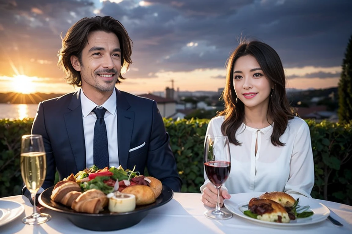 ((Highest quality、8k、masterpiece:1.3))、Slim Couple、Model Couple、(Realistic, Intricate details:1.2), full-course dinner、wine 、Amazing view of the sunset sky and clouds、A bright smile、The wonderfulness of smiles、Bright image、wineの美しさ, Beautiful Face, blue eyes, The light shines on your face, blush, short hair,Bright Face、 (Age 45), 39 years old, 赤wine 、Appetizers、Italian food、wine bottle、Champagne、スパークリングwine、Two beauties、Brown Hair、Shortcuts、Long sleeve shirt、dress、Two beautiful women