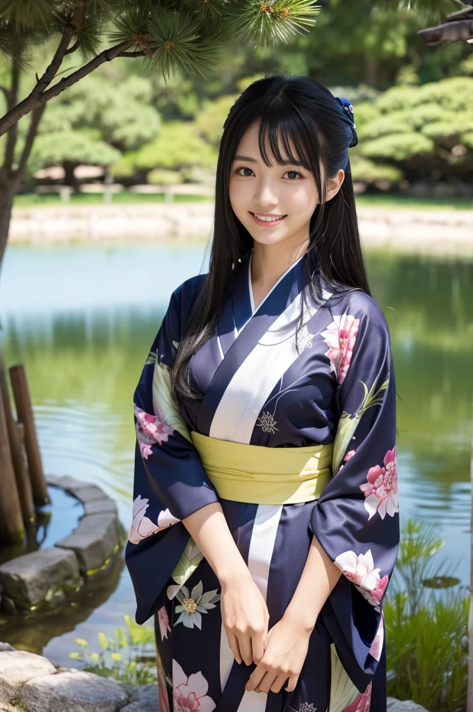 masterpiece、1 beautiful girl、Detailed eyes、Puffy eyes、Highest quality, 超High resolution, (Reality: 1.4), Cinema Lighting、Japanese、Asian Beauty、Super Beauty、Beautiful Skin、Slender、Body facing forward、(Surreal)、(High resolution)、(8k)、(Very detailed)、(Beautiful and detailed eyes)、(Ultra-detailed)、Detailed face、Bright lighting、Professional Lighting、(The costume is a kimono)、Long Hair, My hair is messy, (Japanese-style garden with a pond)、Black Hair、Japanese Idols、Age 21、expensive, smile,Double teeth、(((Turn your body forward)))、Show your whole body、Standing in front of a pine tree、View the pond