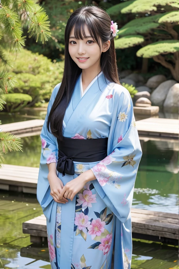 masterpiece、1 beautiful girl、Detailed eyes、Puffy eyes、Highest quality, 超High resolution, (Reality: 1.4), Cinema Lighting、Japanese、Asian Beauty、Super Beauty、Beautiful Skin、Slender、Body facing forward、(Surreal)、(High resolution)、(8k)、(Very detailed)、(Beautiful and detailed eyes)、(Ultra-detailed)、Detailed face、Bright lighting、Professional Lighting、(The costume is a kimono)、Long Hair, My hair is messy, (Japanese-style garden with a pond)、Black Hair、Japanese Idols、Age 21、expensive, smile,Double teeth、(((Turn your body forward)))、Show your whole body、Standing in front of a pine tree、View the pond