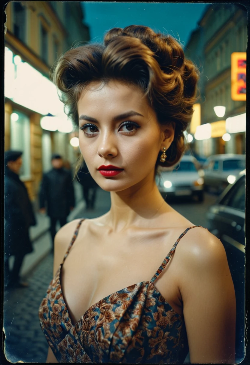 photo of (1valaw1:0.99), closeup portrait, perfect hair, hair upsweep updo, posing, (color photo, dress), polaroid frame, 160mm f/8, 1/10s, ISO 25, ((tintype)), (analog, film, film grain:1.3), ((on a Moscow street, night, gritty)), 80s, ((detailed eyes)), (seductive pose), epicPhoto, ivana alawi
