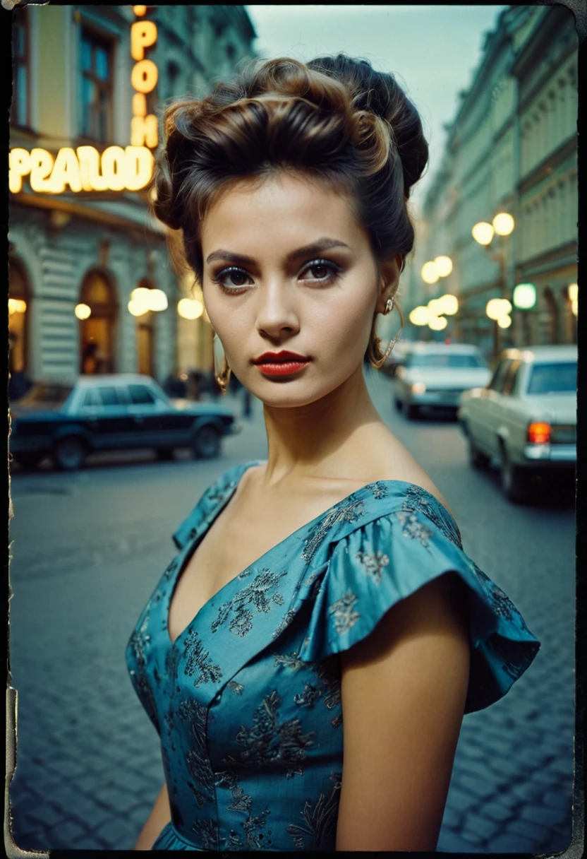 photo of (1valaw1:0.99), closeup portrait, perfect hair, hair upsweep updo, posing, (color photo, dress), polaroid frame, 160mm f/8, 1/10s, ISO 25, ((tintype)), (analog, film, film grain:1.3), ((on a Moscow street, night, gritty)), 80s, ((detailed eyes)), (seductive pose), epicPhoto, ivana alawi