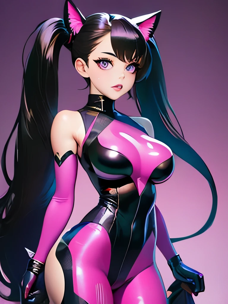 (masterpiece),(best quality),extreamly delicate and beautiful,illustration,((perfect female figure)),mature female,1 rider girl,i:p masquerena, bodysuit,black very long hair,twintails, purple eyes, cyberpunk  city background,cat ears helmet,