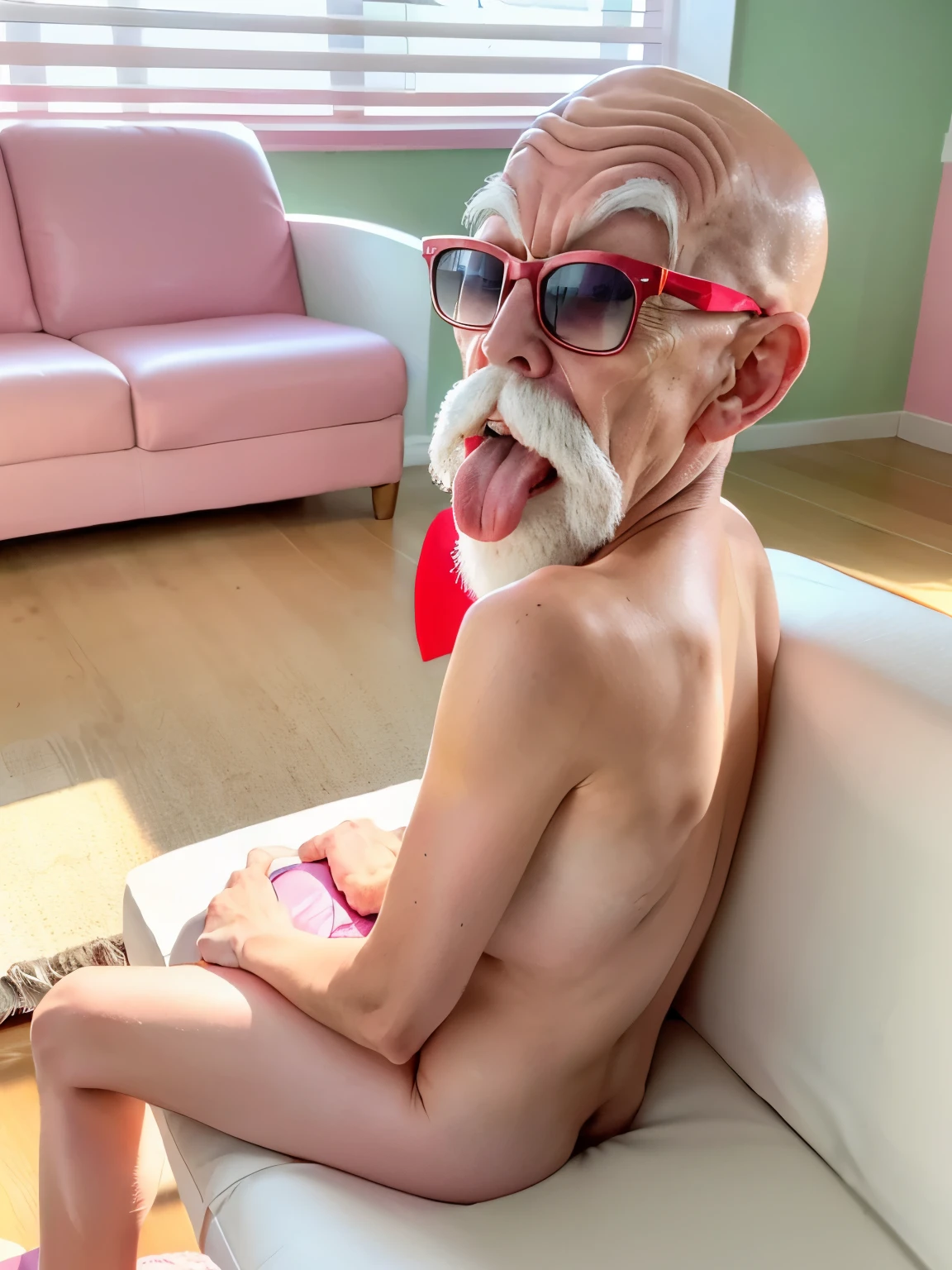 (masterpiece:1.2, best quality:1.2), (((1old man))), professional lightings, cinematic lightings, 8k wallpaper, ultra realistic portrait of Roshi, dragonball, Muten Roshi_dbz, ((indoors, living room, visible oceans via window, house plant, wooden floor, low couch, white carpet, TV, pink painted wall)), (bald, old man, white beard), ((wearing realistic & detailed sunglasses)), mustache, full body, (red-framed sunglasses), sitting on low couch, ((ultra realistic tongue out, ultra detailed tongue out)), (directly side view, directly side angle), zoom up face view, close up face angle, ((full nude, naked, bare bodies, erection penis)), 