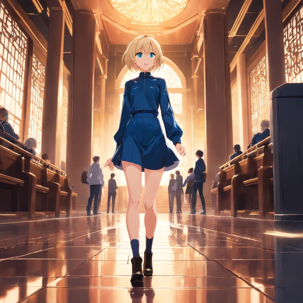 Women, ((Blonde)), ((Blue eyes)), ((Short hair)), ((Full shot)), very detailed makeup, pale pink lipstick, wearing a sexy black low-cut bodysuit with a short miniskirt and stiletto boots. standing on a hall of a temple. The shot is from a low angle. ((wet floor))