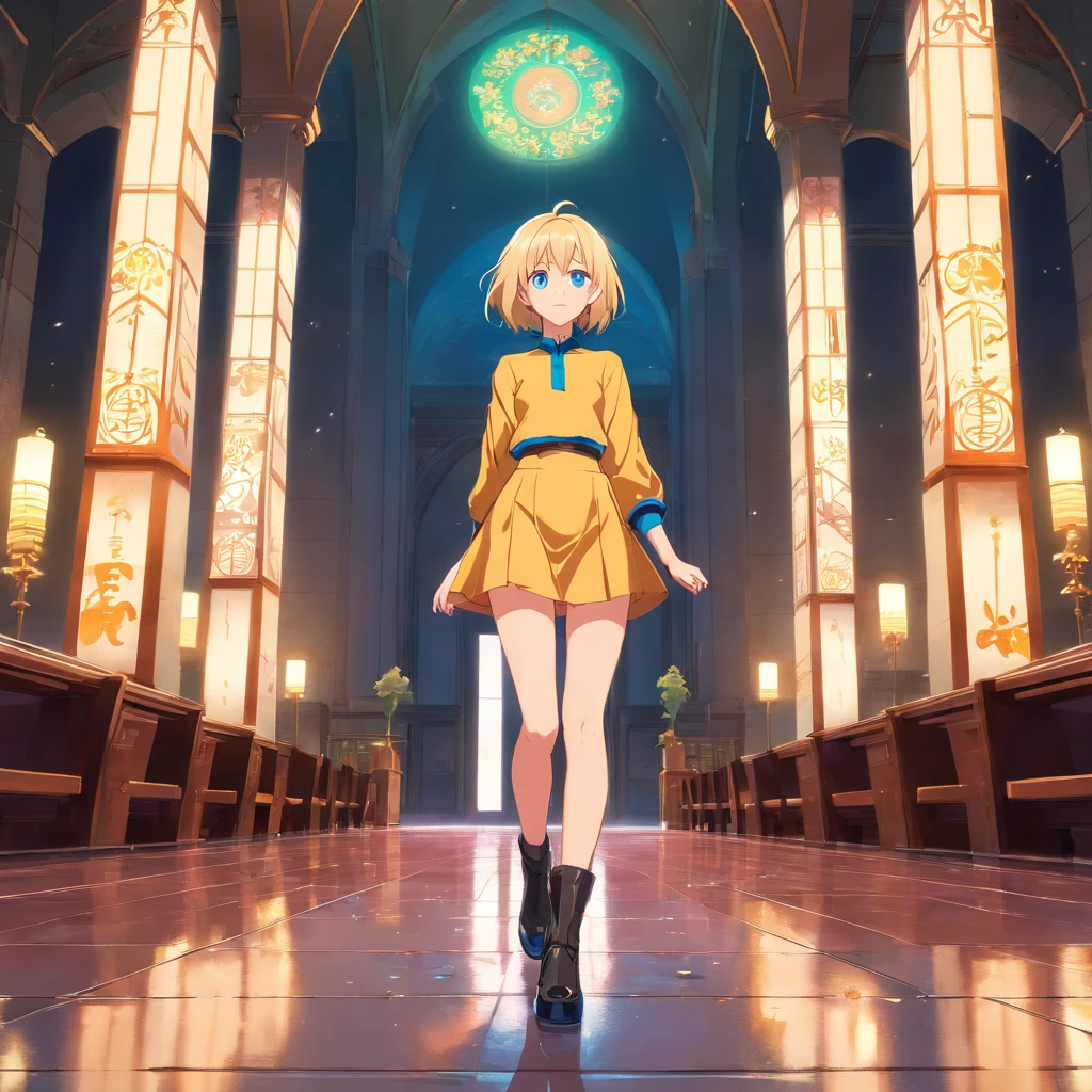 17 years old Women, ((Blonde)), ((Blue eyes)), ((Short hair)), ((Full shot)), very detailed makeup, pale pink lipstick, wearing a sexy black low-cut bodysuit with a short miniskirt and stiletto boots. standing on a hall of a temple. The shot is from a low angle. ((wet floor))