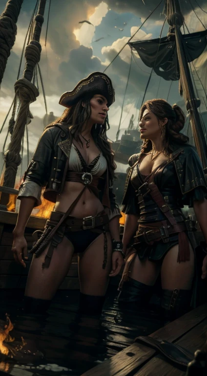 (a lusty pirate),(best quality),(realistic),(pirate bar),scantily clad trollops,singing and dancing,drunken revelry,ruffians laughing,rum bottles clinking,music playing,misty haze,wooden plank floor,dimly lit,pirate flags waving,strong sea breeze,moonlit night,worn-out furniture,smoky atmosphere,tavern noises echo,adventurous atmosphere