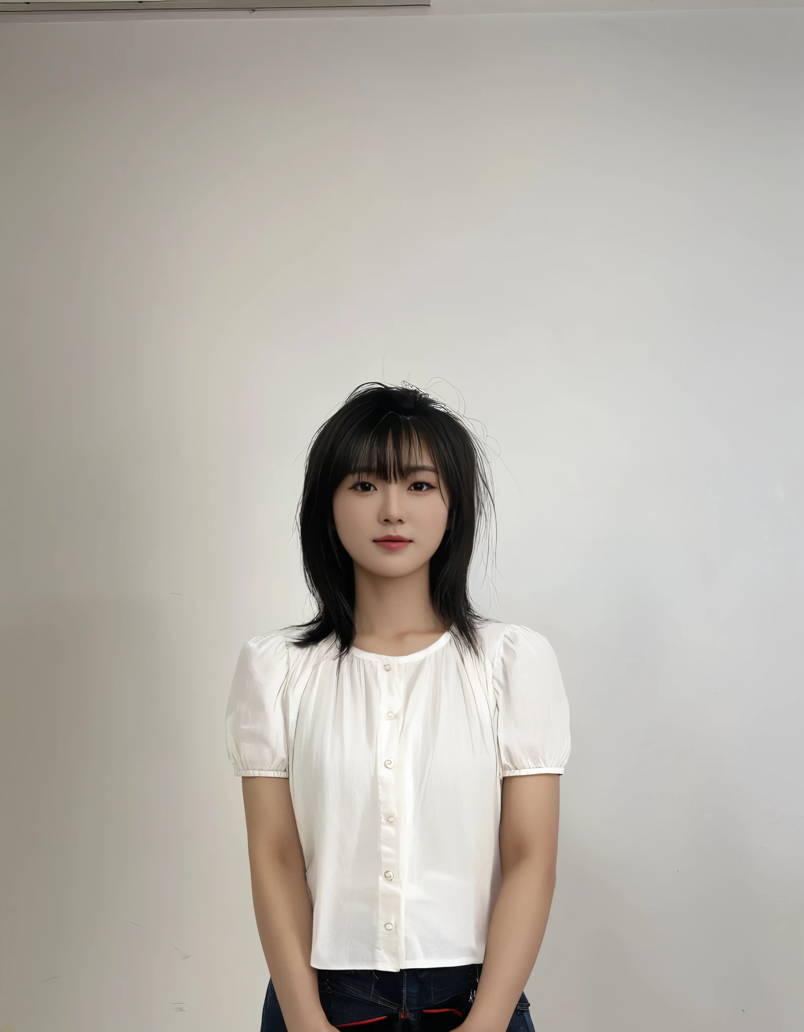 Best Quality, 8k, Masterpiece, (Portrait: 1.3), (photo realistic:1.4), (hyper realistic:1.4), Sharp Focus, looking at viewer, (smoother lighting:1.1), (increase cinematic lighting quality:0.9), realistic lighting, backlighting, light on face, ray trace, (brightening light:1.2), (Increase quality:1.4), sharp detail, (best quality real texture skin:1.4), finely detailed eyes, black_eyes, finely detailed face, 25 year old Korean woman, (white formal_shirt:1.4), (Create an image maintaining the original base model hairstyle:1.5)