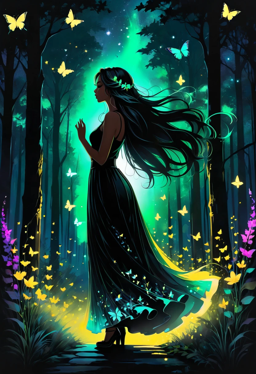 pastel, street art, score_9, score_8_up, score_7_up, score_6_up, score_5_up, score_4_up, gothic style Alcoholic Masterpiece, high quality, abstract, 1 girl, centered, side view, black silhouette of a girl, (long flowing hair), flowing skirt, green forest background, ((dynamic pose)), ((flowers)), ((glowing butterflies)), night time, dark theme, starry sky, glowing hair, cinematic, bright colors, ((saturated neon colors)), perfect hands, anzhcdreamwave, aesthetics,