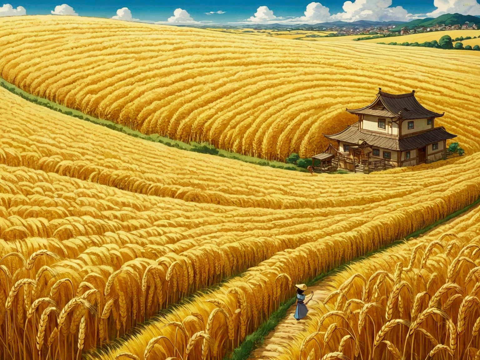 Golden wheat fields all around、Ghibli style