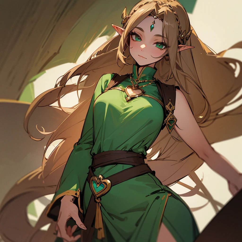 A very Very easy sketch of an elf princess from the mid evil age with very very very long BROWN hair and dark green eyes And a heart locket 
