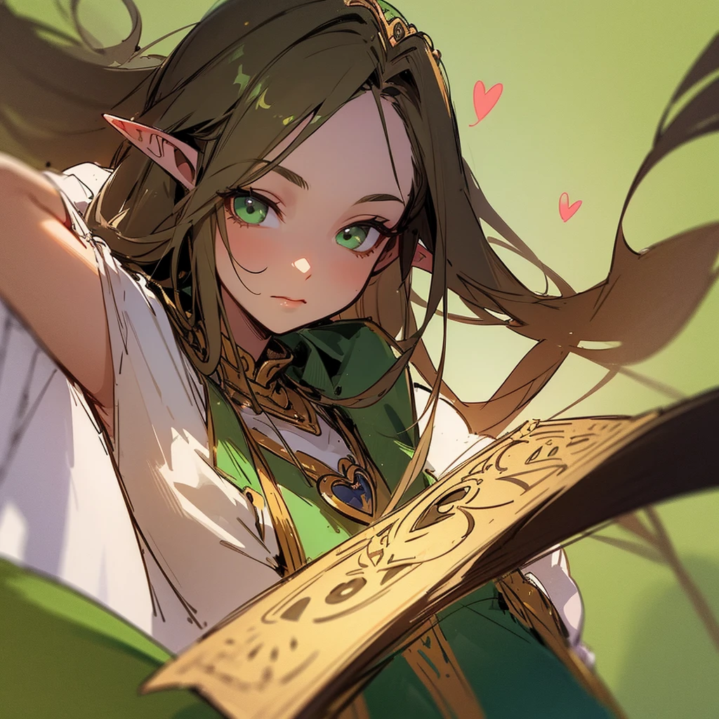 A very Very easy sketch of an elf princess from the mid evil age with very very very long BROWN hair  and dark green eyes And a heart locket ￼￼