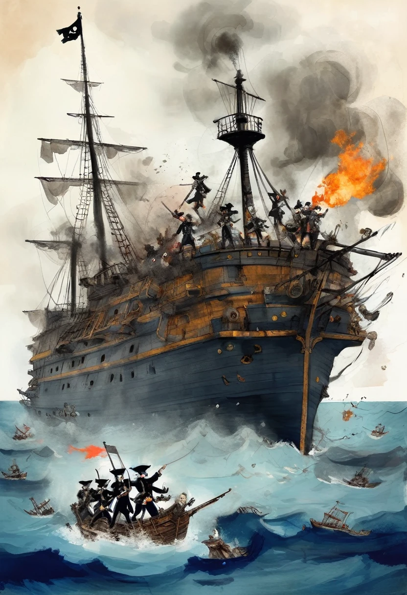 inkpunk, Gabriel Pacheco Style page, j_drawing, Battle between pirates and navy, navy soldiers and pirates killing each other on a burning ship, collapsing ship, dead bodies, close-ups,