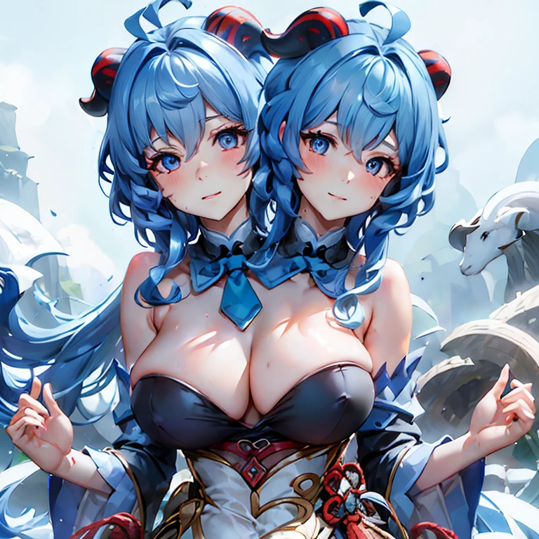 Masterpiece,best quality,best resolution,1 woman,2 heads,details,Ganyu character,He has two goat horns on his head.,blue short hair,blue eyes,Wear a high dress ,Wear a double-pronged red tie.,big breasts,simple background,Beautiful face,Beautiful hair,beautiful eyes,beautiful body,beautiful hands,conjoined twins 