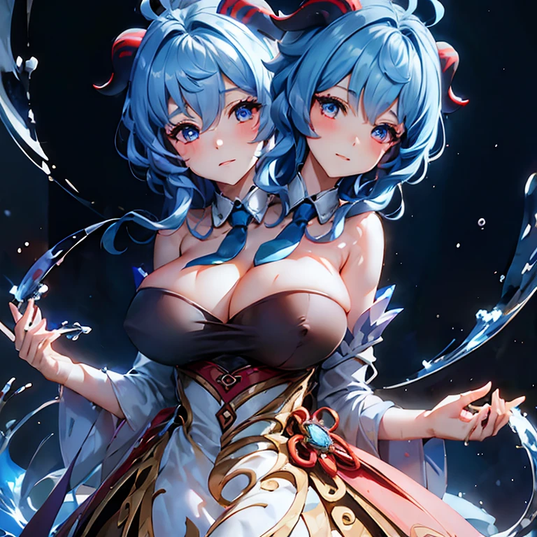 Masterpiece,best quality,best resolution,1 woman,2 heads,details,Ganyu character,He has two goat horns on his head.,blue short hair,blue eyes,Wear a high dress ,Wear a double-pronged red tie.,big breasts,simple background,Beautiful face,Beautiful hair,beautiful eyes,beautiful body,beautiful hands,conjoined twins