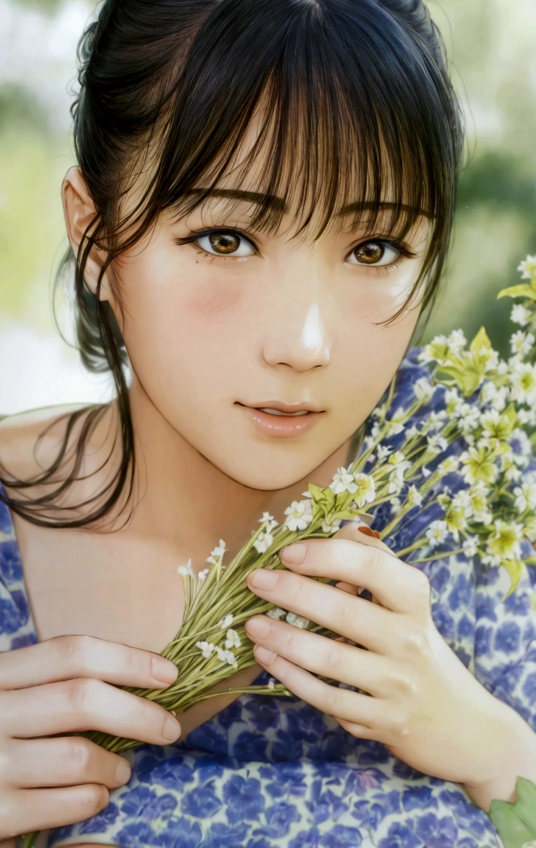 manga style, a close up of a woman holding a bunch of flowers, kimi takemura, Yoshitomo Nara, sakimichan, Chiho, close up iwakura lain, by Tadashi Nakayama, shiori teshirogi, Yasumoto Oka, Chiho ashima, deayami kojima