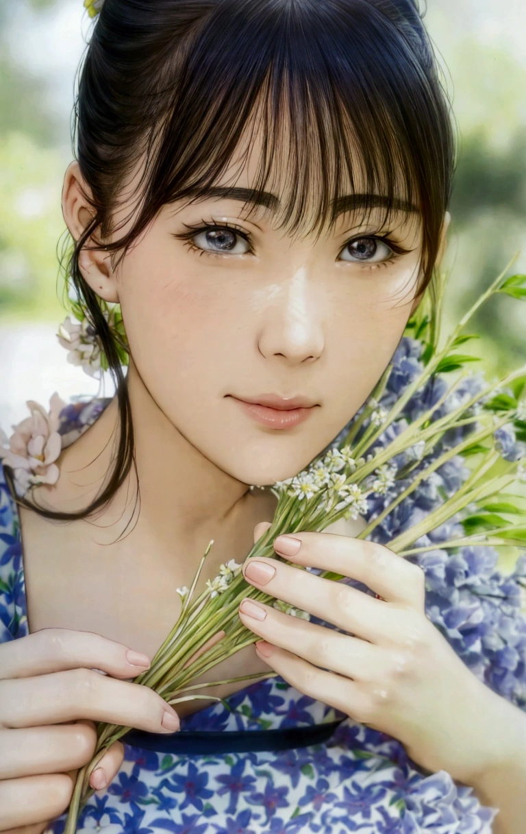 manga style, a close up of a woman holding a bunch of flowers, kimi takemura, Yoshitomo Nara, sakimichan, Chiho, close up iwakura lain, by Tadashi Nakayama, shiori teshirogi, Yasumoto Oka, Chiho ashima, deayami kojima