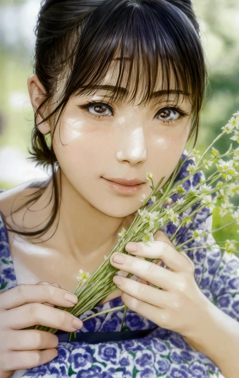 manga style, a close up of a woman holding a bunch of flowers, kimi takemura, Yoshitomo Nara, sakimichan, Chiho, close up iwakura lain, by Tadashi Nakayama, shiori teshirogi, Yasumoto Oka, Chiho ashima, deayami kojima