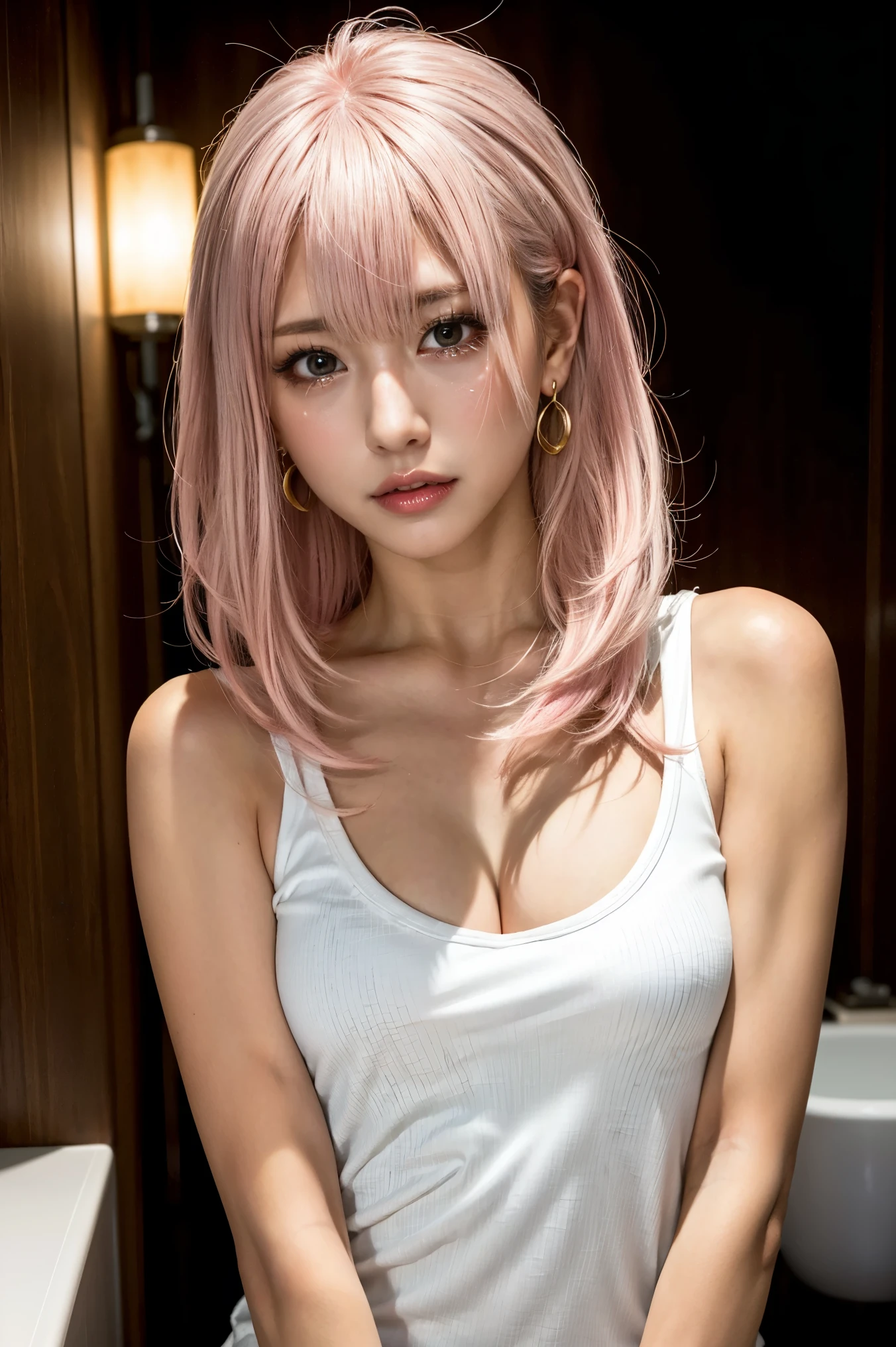 Highest quality, Tabletop, Ultra-high resolution, (Realistic:1.4), (Japanese Idols),RAW Photos, One Girl, Blonde, (Pink inner hair:1.3),Glossy Lips,21 years old,Beautiful and beautiful eyes,Diamond jewellery,Earrings,Gold Jewelry,Cold Light,,(Strengthened upper arms:1.2),Pixie Hair、show off nipples under white shirt,toilet、Completely naked、female masturbation、tearful、female