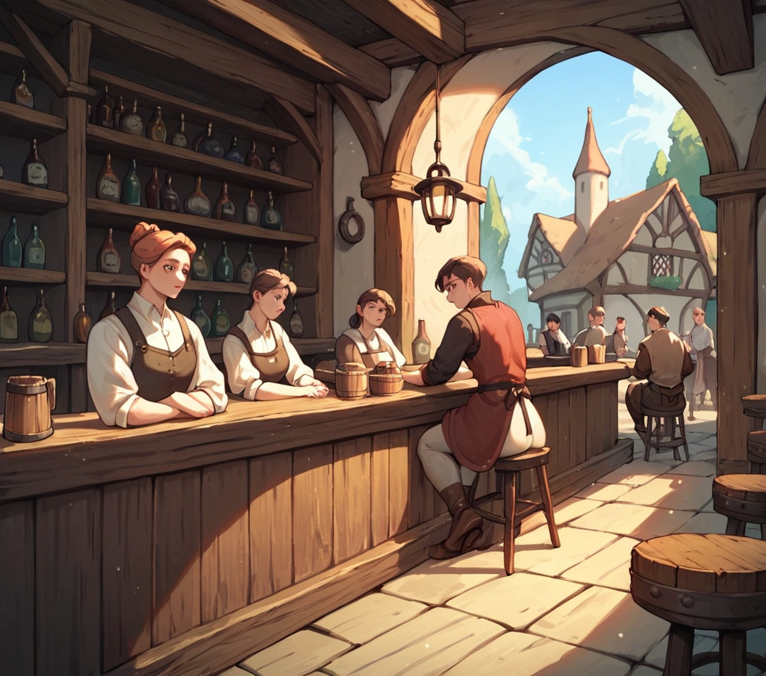 score_9,score_8_up,score_7_up, score_6_up, score_5_up,source_anime, scenery, a bar, medieval tavern, it’s busy, full of people, in a medieval tavern bar, indoors, 