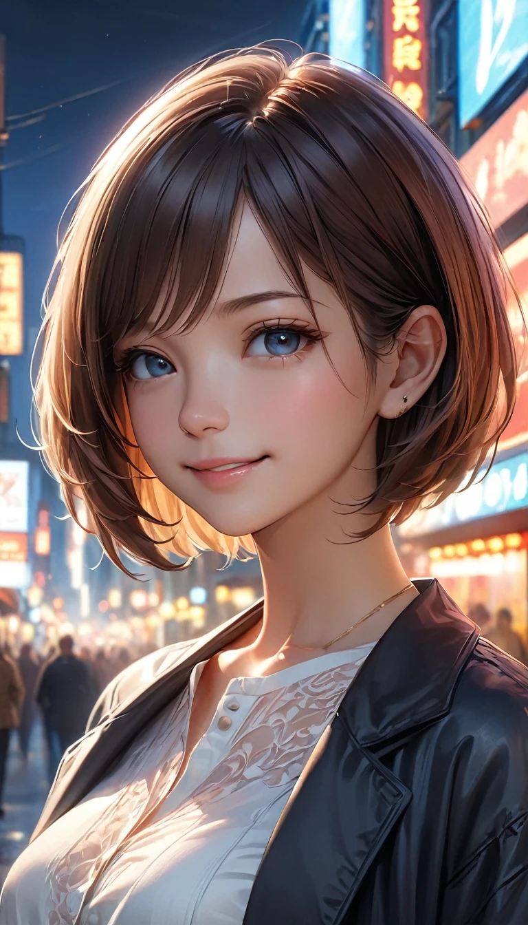 One girl,(Wearing a white blouse:1.2),(Wearing a jacket),(RAW Photos, Highest quality), (Realistic, photo-Realistic:1.4), masterpiece, Very delicate and beautiful, Very detailed, 2k wallpaper, wonderful, In detail, Very detailed CG unity 8k wallpaper, Very detailed, High resolution, Soft Light, Beautiful detailed girl, Very detailed eyes and face, Beautifully detailed nose, Beautiful attention to detail,Cinema Lighting,City lights at night,Perfect Anatomy,Slender body,smile,(short hair:1.3)