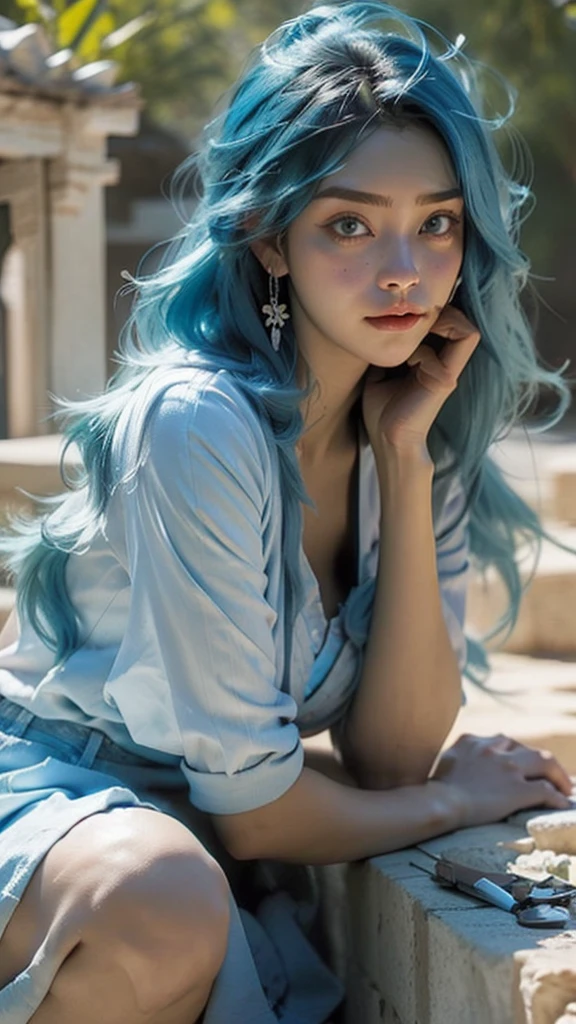 Blue-haired man，Leaning against the ruins and looking towards the camera，Relax your hands naturally，Upper Body，Close-up of face