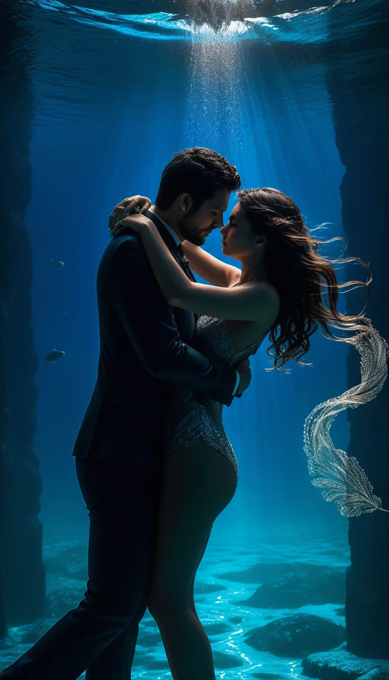 Photo sous-marine, Un couple qui s'embrassent sous l'eau, masterpiece, best quality, amazing quality, very aesthetic, sublime, depth of ﬁeld, Low angle, 8k, score_9, score_8, score_7, score_6,fille sexy